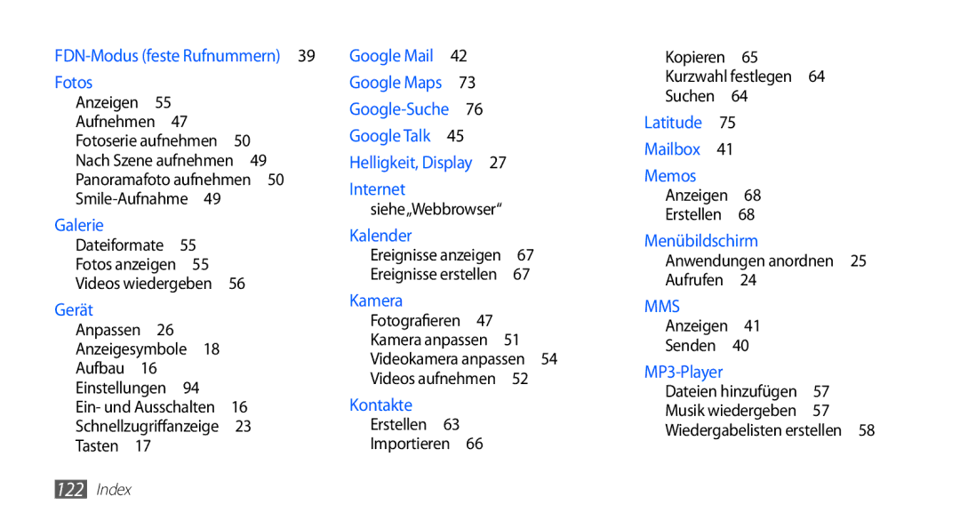 Samsung GT-S5670HKAXEG, GT-S5670HKADBT manual Kopieren 65 Kurzwahl festlegen 64 Suchen , Anwendungen anordnen 25 Aufrufen  